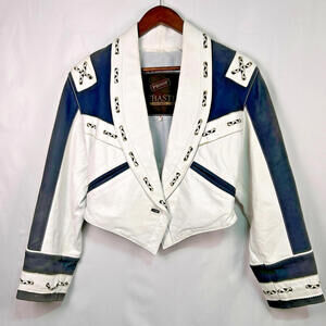 Sebastian Women’s Leather cropped Jacket Made in Spain Blue White Lace-Up Size S